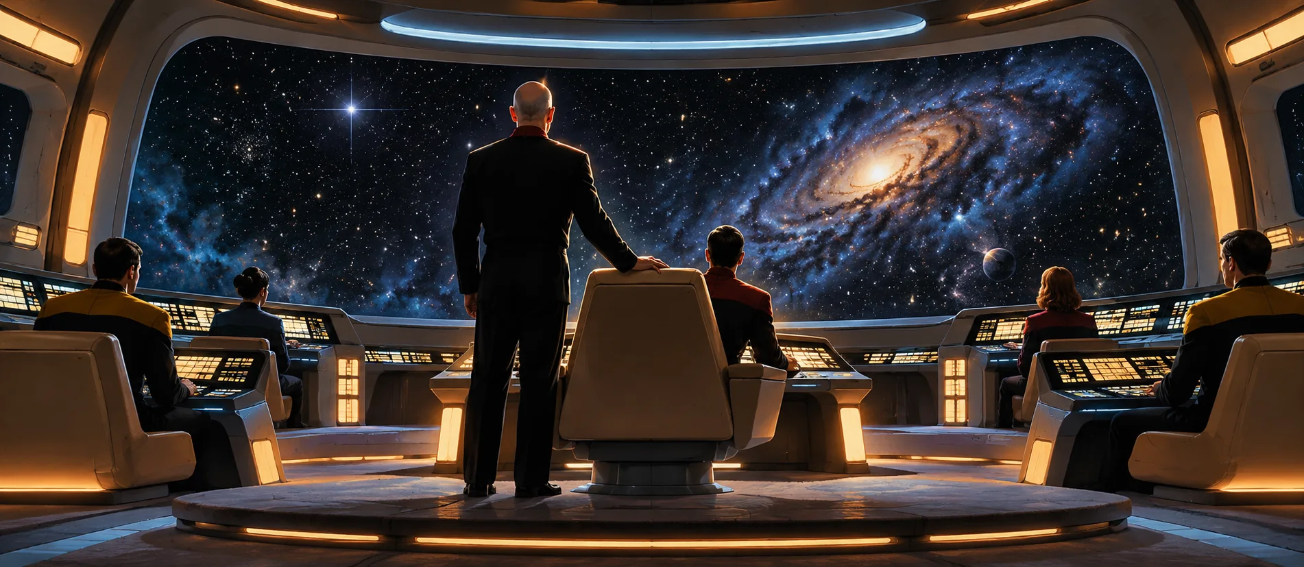 A bald captain stands behind the command chair on a curved starship bridge, crew at their consoles, a galaxy filling the viewscreen.