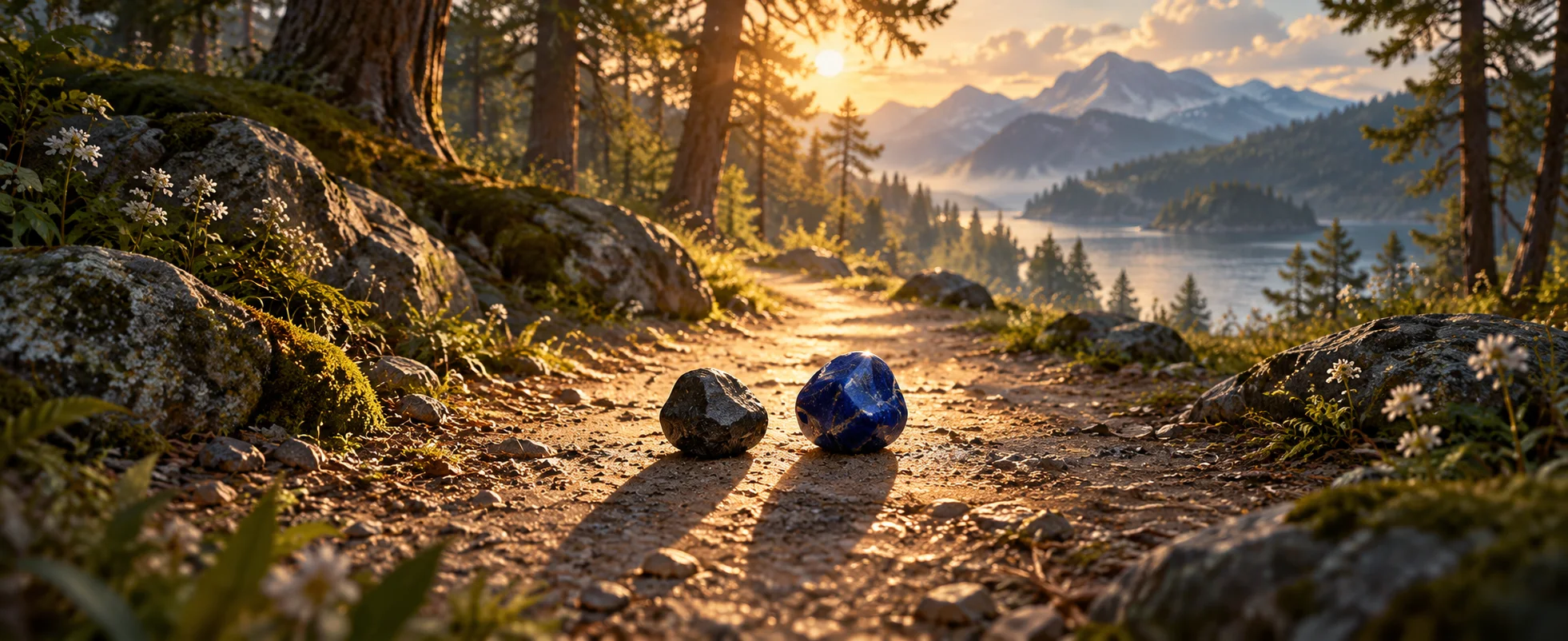 Two small dark and cobalt stones cast matching long shadows across a bright forest path.
