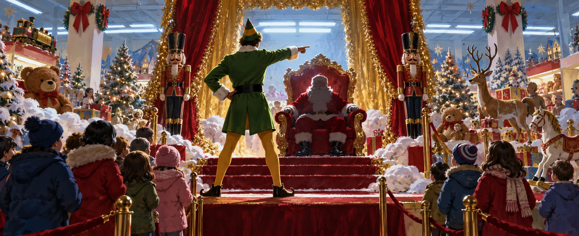 A man in an elf costume points accusingly at a department-store Santa on his throne as children gasp.