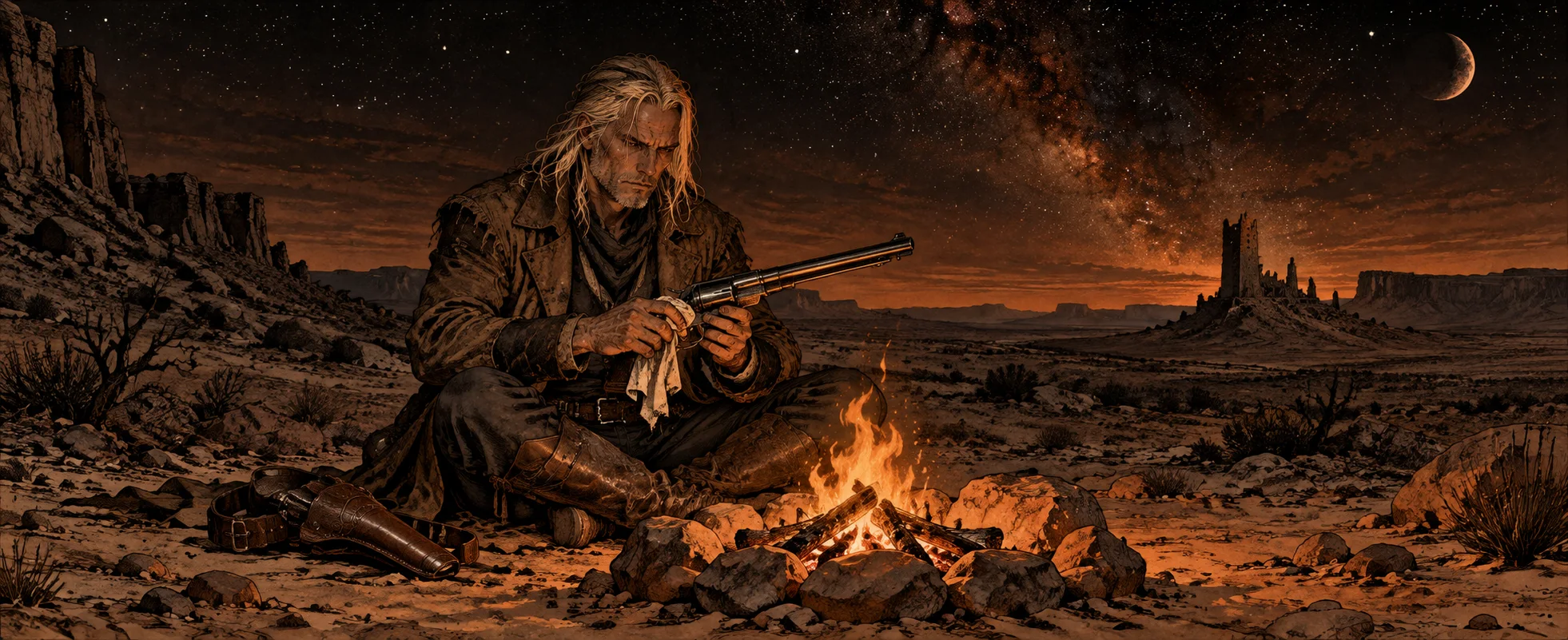 A long-haired gunslinger in worn leather sits cross-legged by a small campfire cleaning a revolver under a starry desert sky.