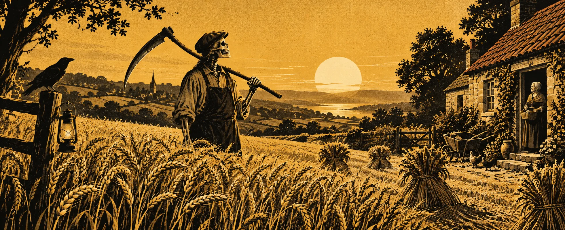 A skeletal farmhand in a smock, a scythe over his shoulder, stands in a golden wheat field at sunset beside a cottage.