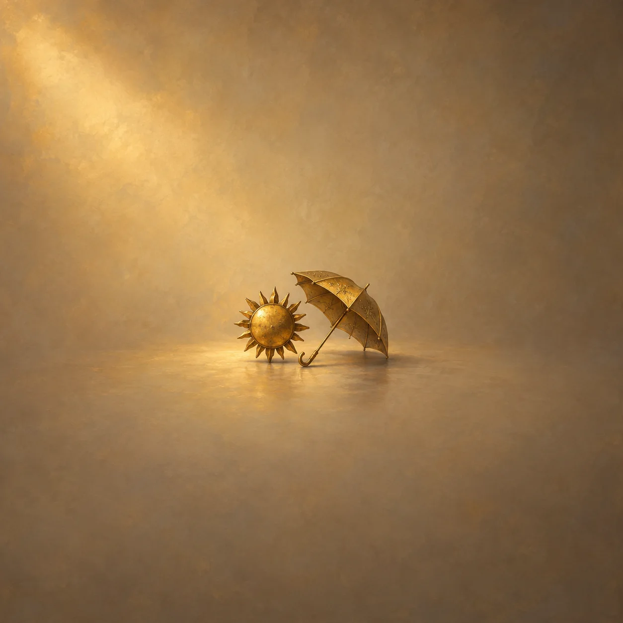 A small golden sun ornament stands beside a tilted open umbrella in warm amber light.