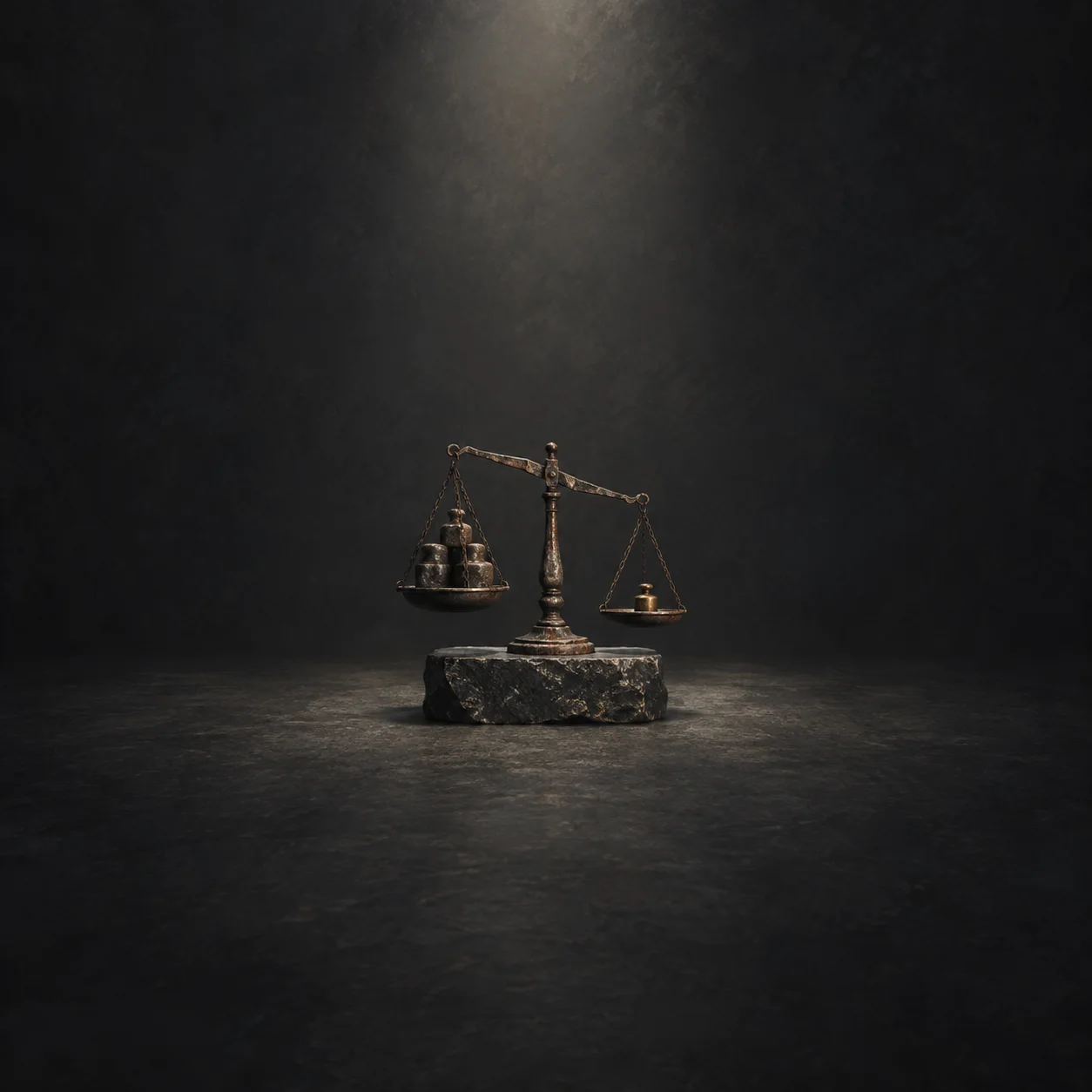 An uneven metal balance holds several weights on one pan and a single weight on the other above a granite base.