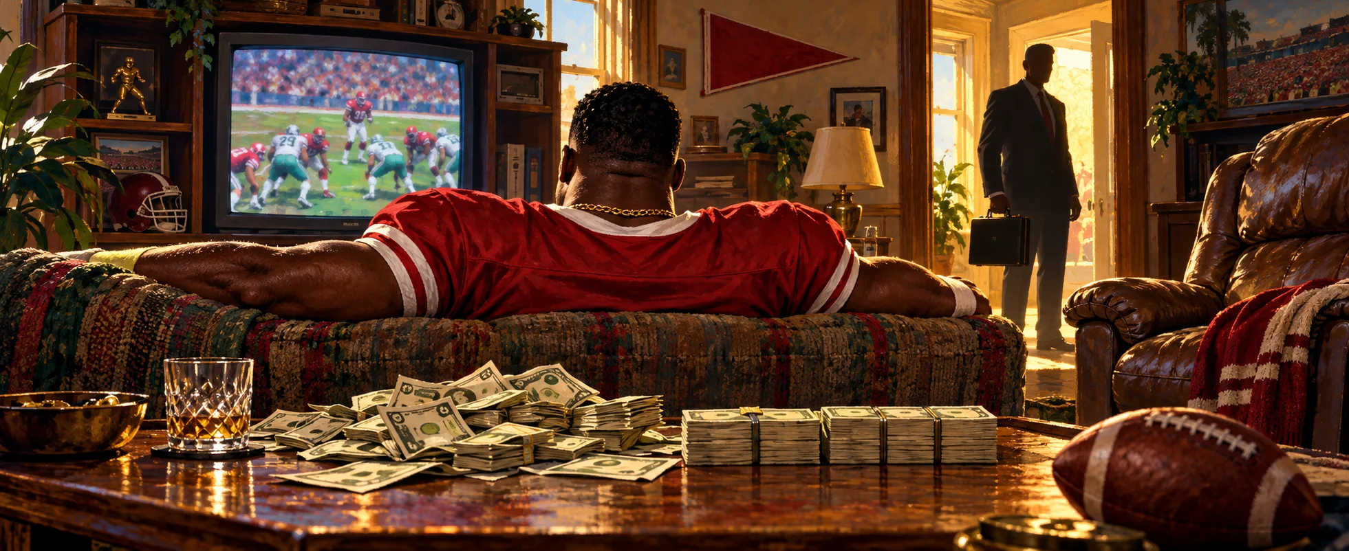 A football player in a red jersey sprawls on a sofa in front of a game on TV, banknotes and a football on the coffee table, an agent with a briefcase in the doorway.