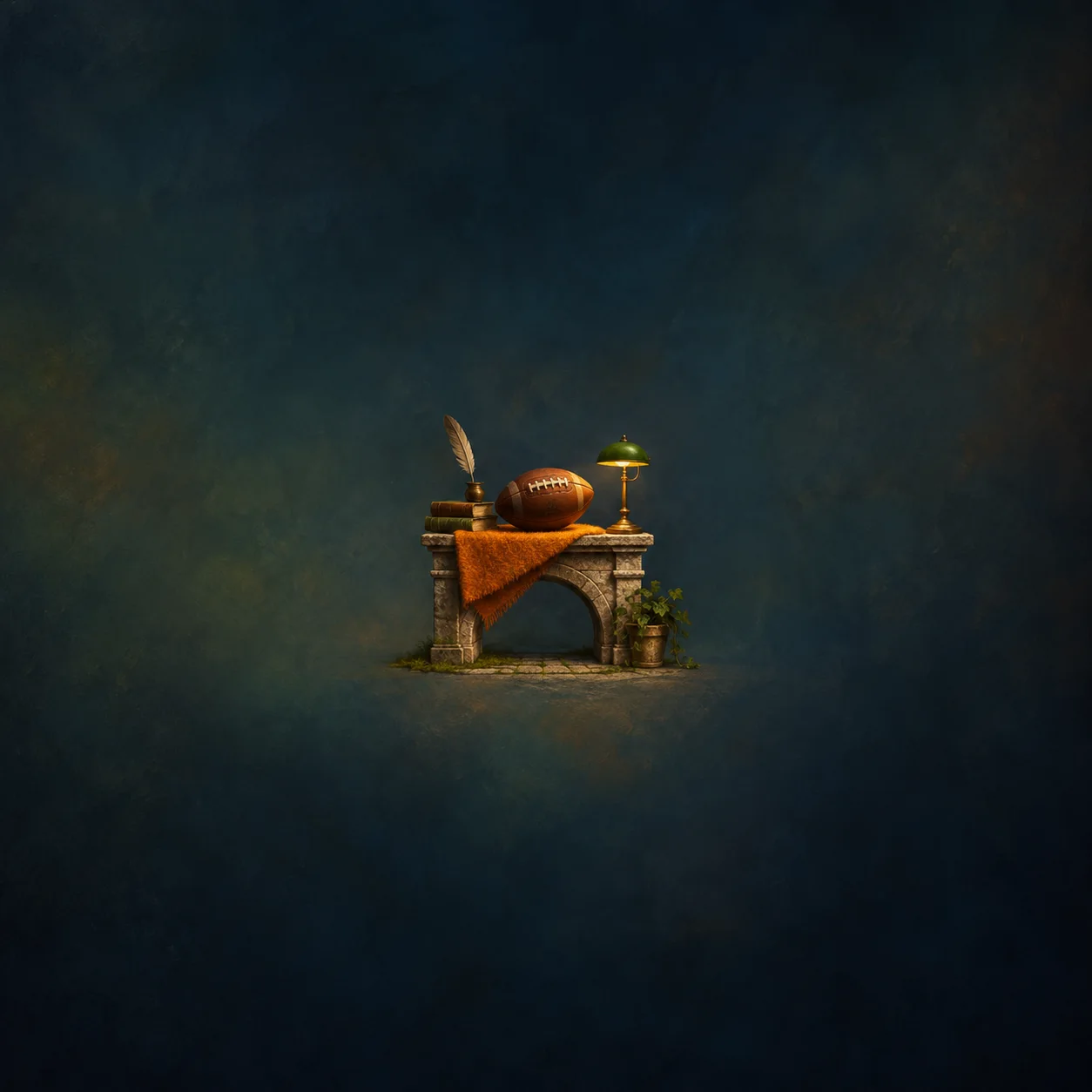 A miniature stone arch supports books, a quill, a brown football and a small lamp above draped orange cloth.