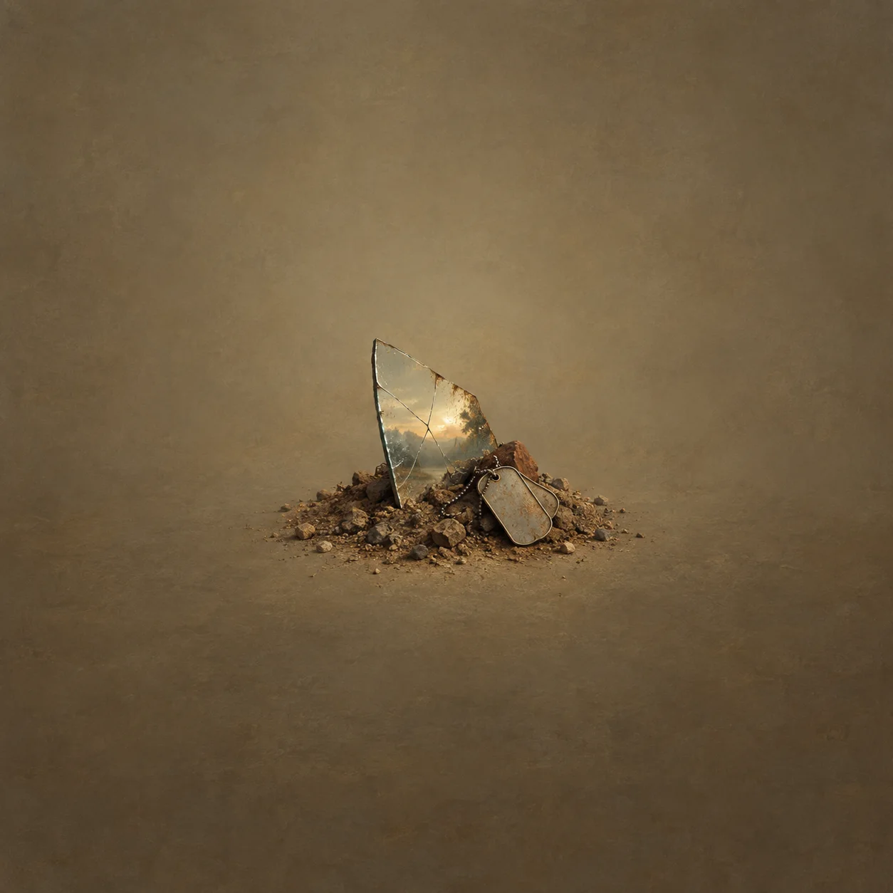 A broken mirror shard stands in a mound of earth beside tarnished metal tags.