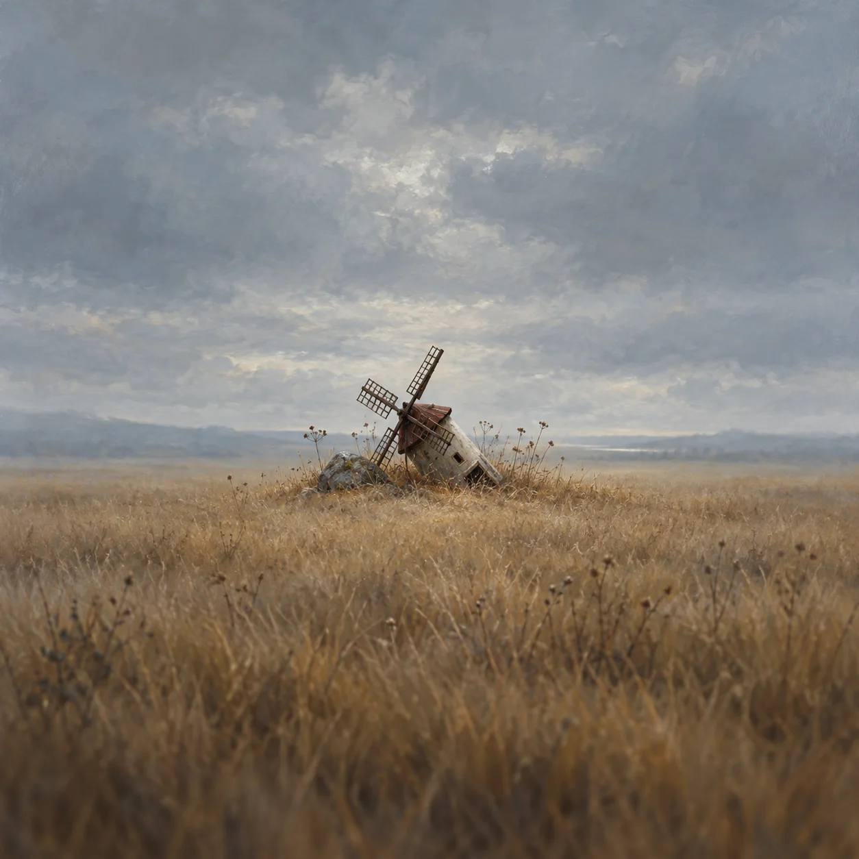 A small wooden windmill leans in dry grass beneath a cloudy grey sky.