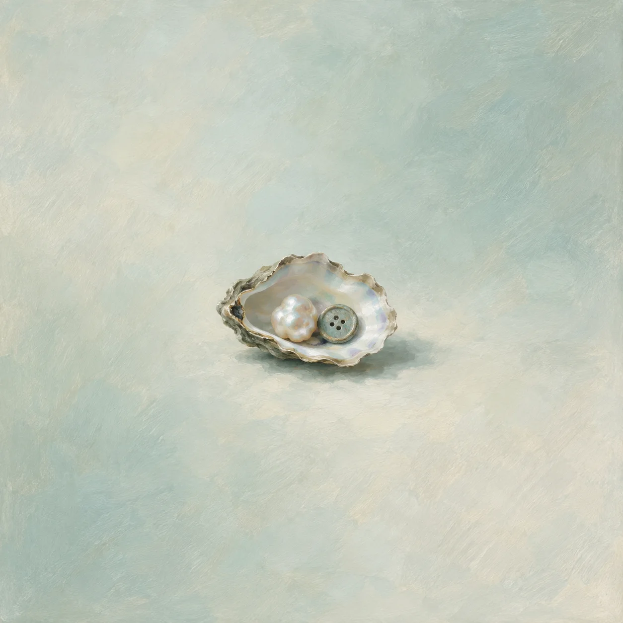Painterly oyster shell holding an irregular pearl and a blue button on pale aqua.