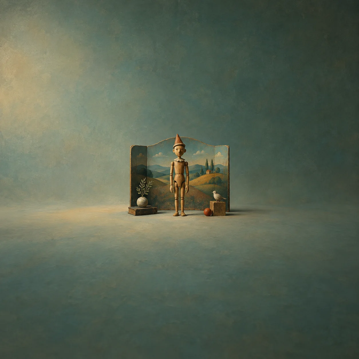 Painterly wooden puppet in a pointed hat standing before a folding painted landscape backdrop.