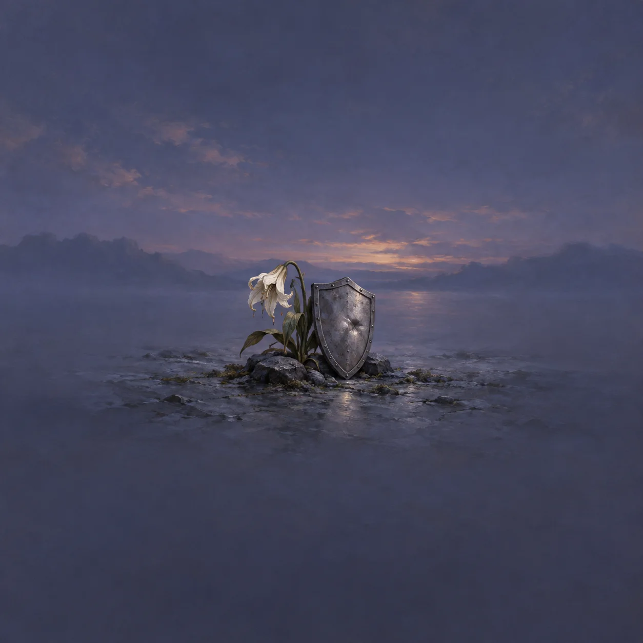 A dented metal shield leans beside a wilting white lily in a dark waterside landscape at dusk.