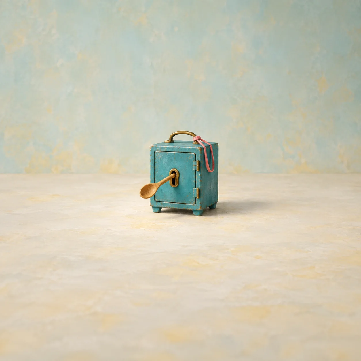 A small turquoise safe with a wooden spoon poking through its keyhole and a pink loop draped over its handle.