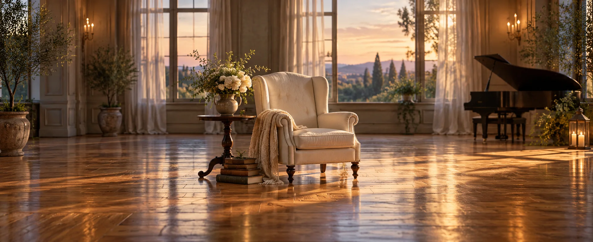 A cream chair stands beside an open space on a warm wooden dance floor.