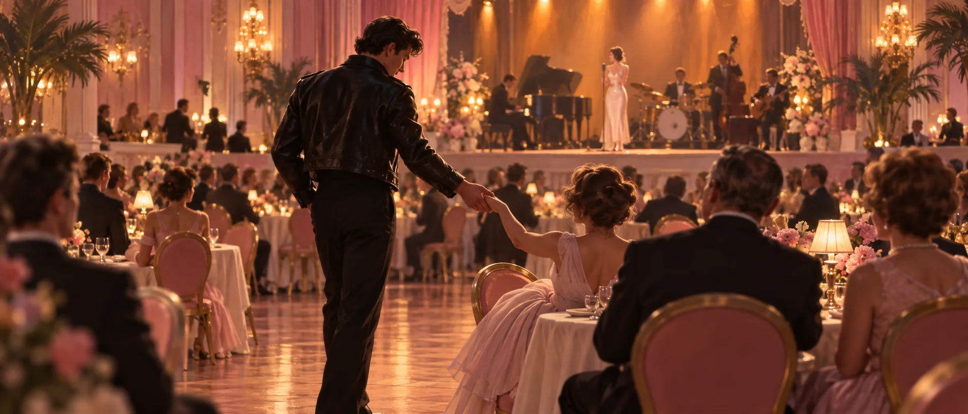 At a resort ballroom show, a dancer in black holds out his hand to a young woman seated at a family table in the corner.