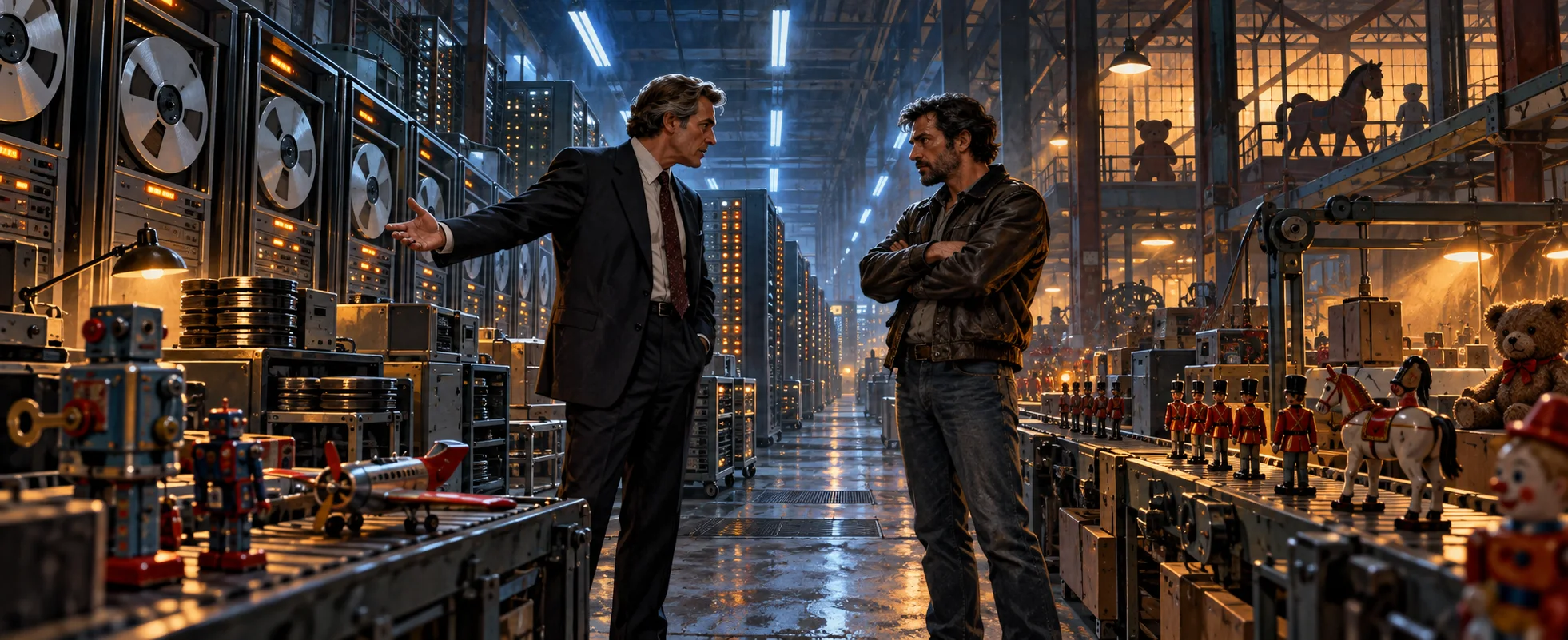 Two middle-aged men face each other in an aisle of whirring tape drives inside an old toy factory.