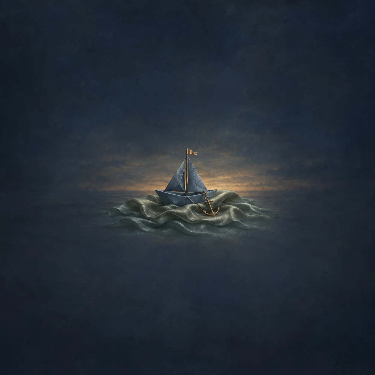 A small blue sailing boat sits on folded green cloth waves with a brass anchor beside it.