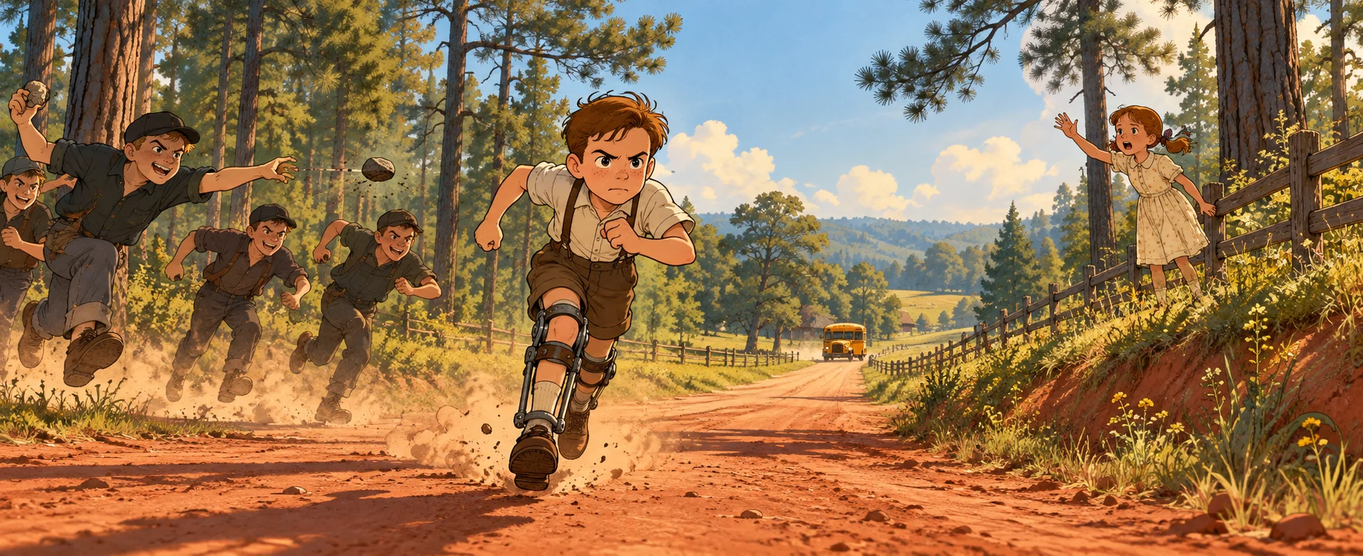 A small boy in leg braces runs down a dusty country road as older boys chase him and a girl calls out from the roadside.