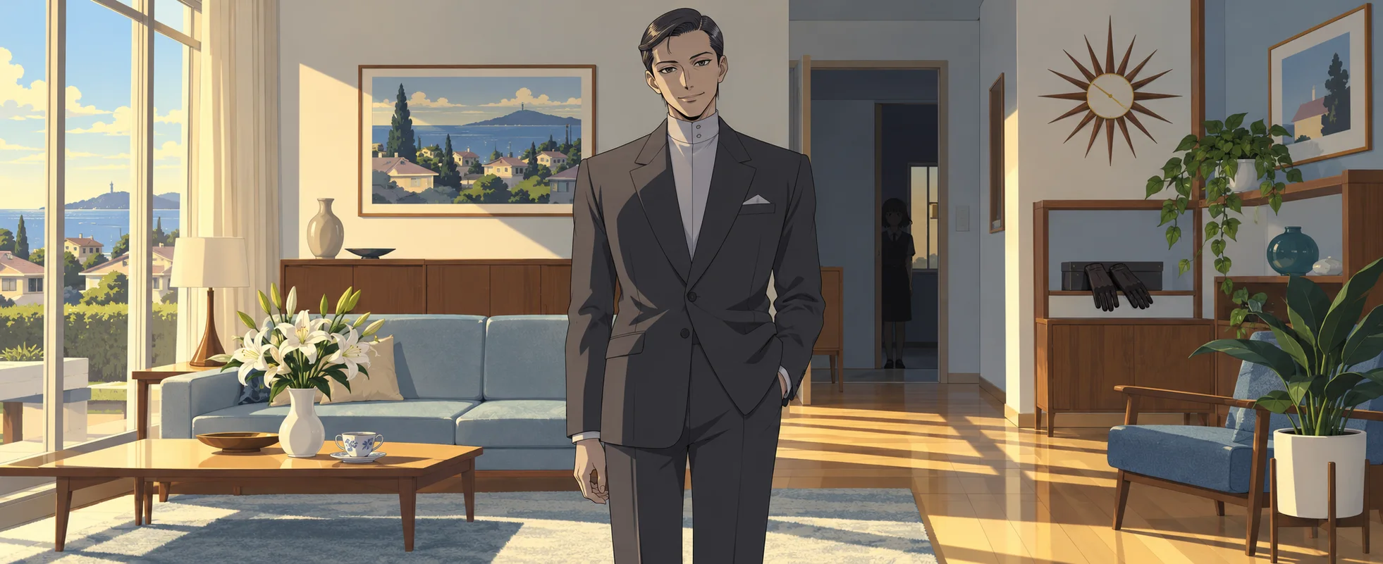 A neat man in a grey suit stands calmly in a bright, tidy suburban living room.
