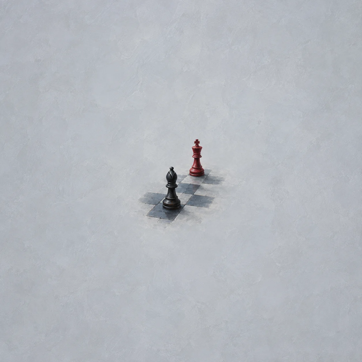 A black chess bishop and a red king standing along a diagonal strip of gray-blue squares.