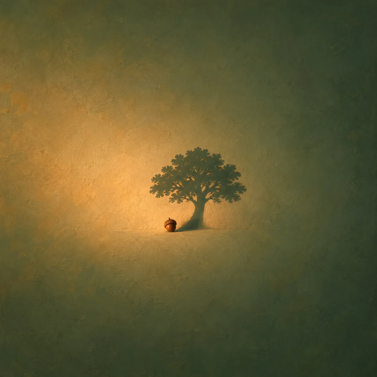 A small acorn casting a large tree-shaped shadow against a green-and-gold background.