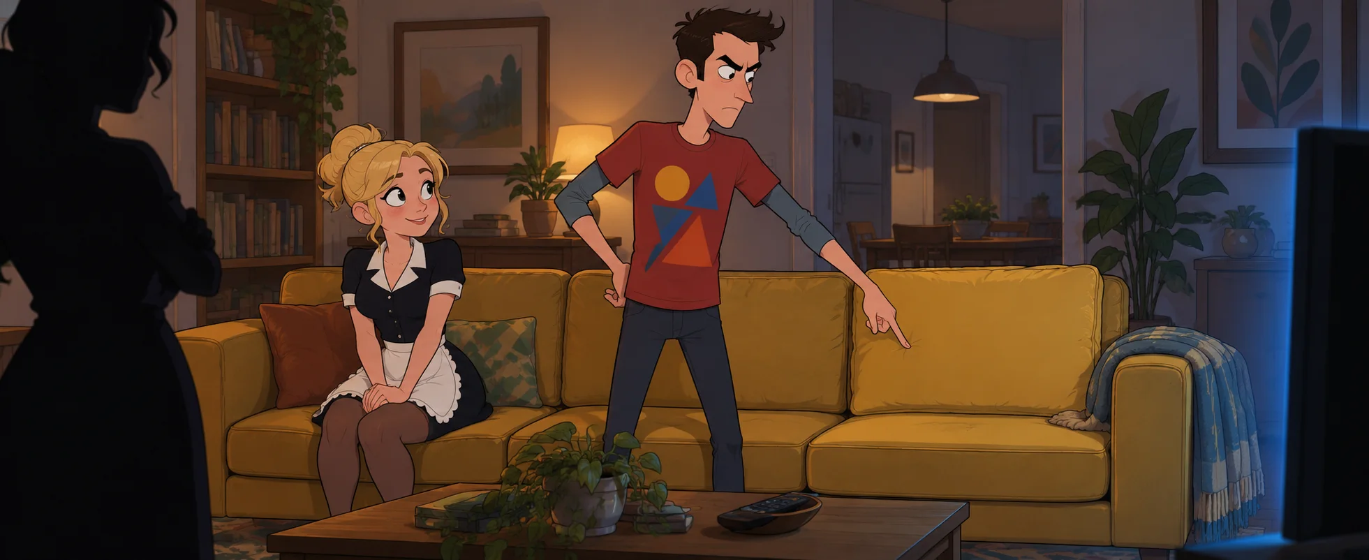 A young man in a superhero T-shirt points sternly at the end cushion of a mustard sofa where a blonde waitress has just sat down.