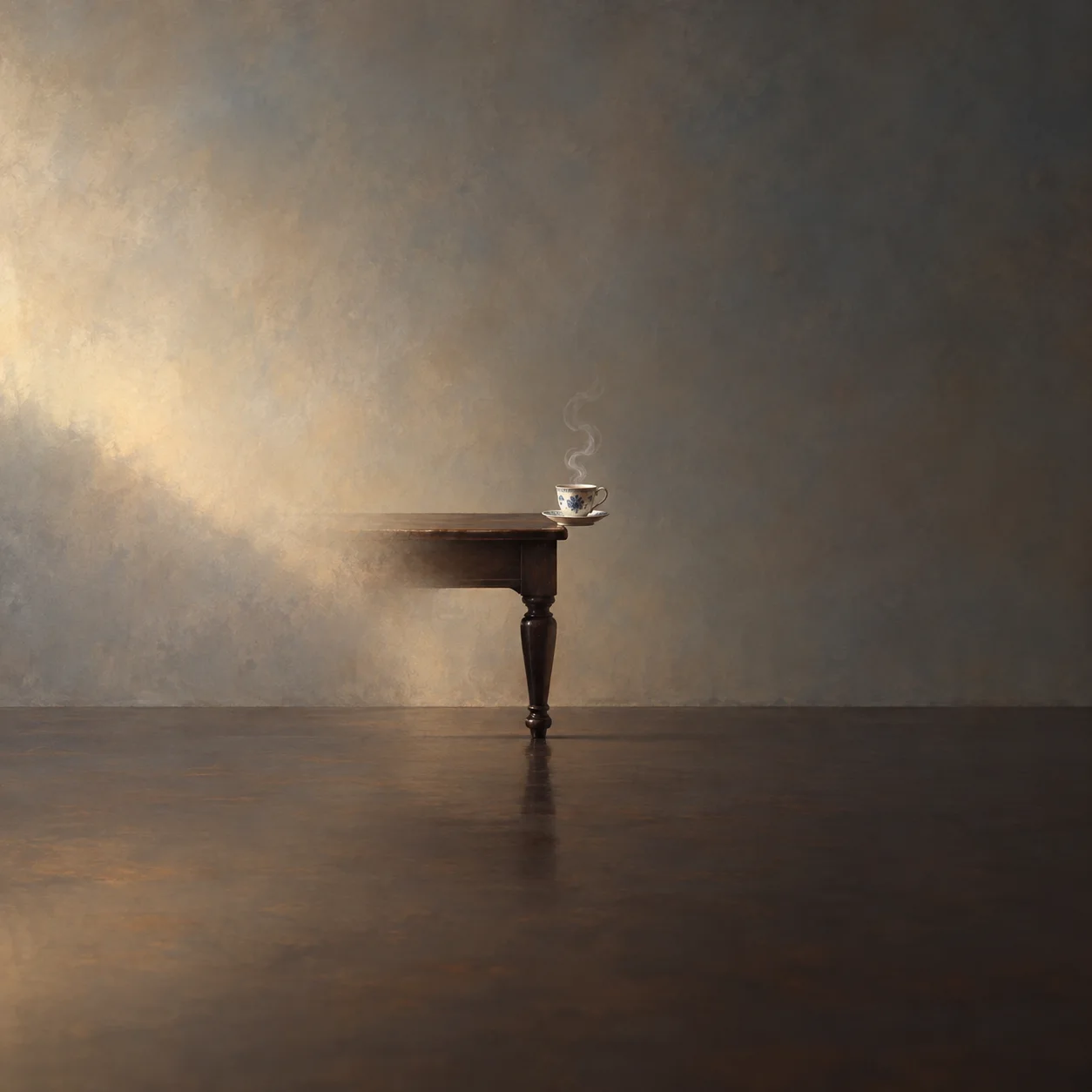 A tiny steaming white cup sits at the edge of a dark wooden table against a grey wall.