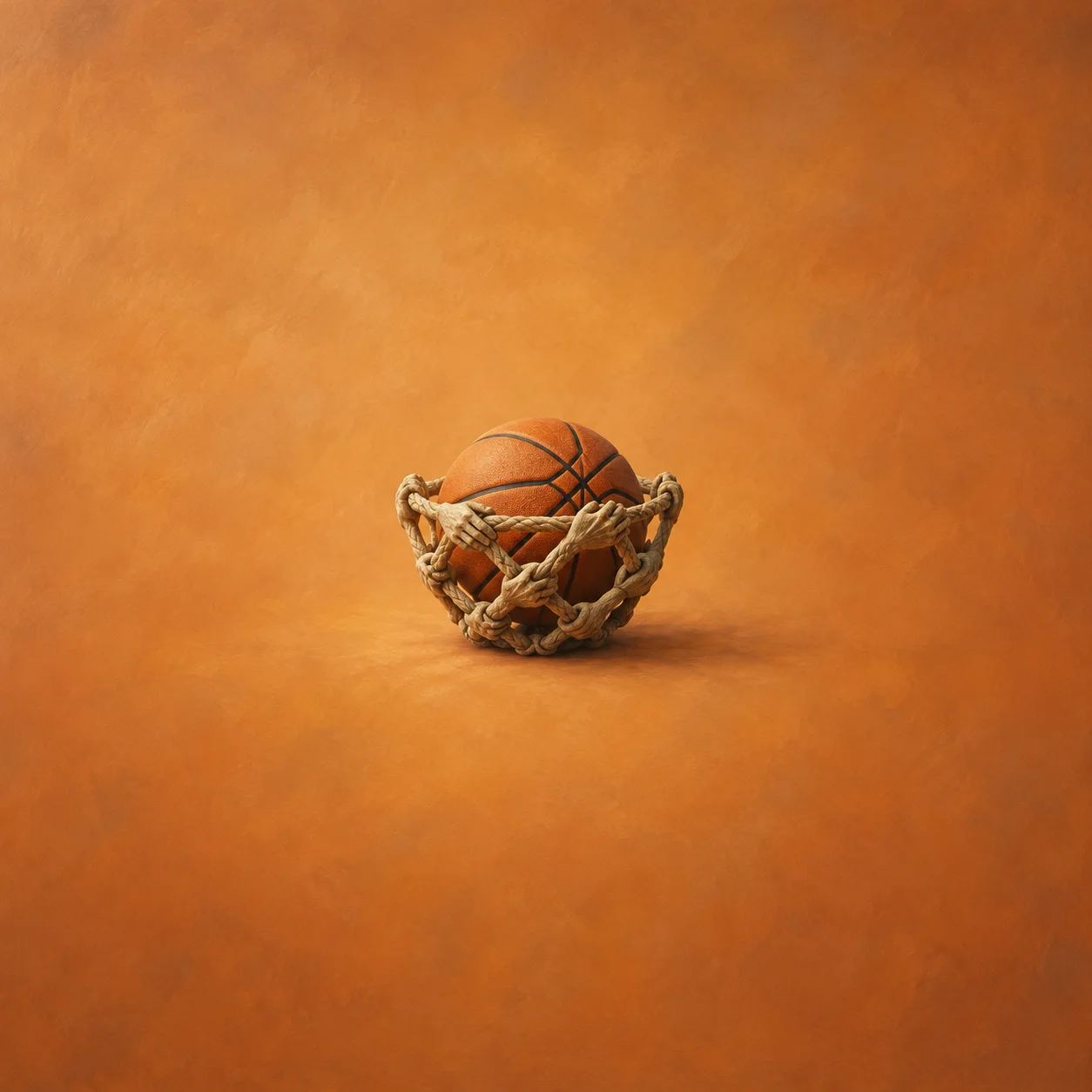 Painterly basketball cradled in a thick knotted rope net against warm orange.
