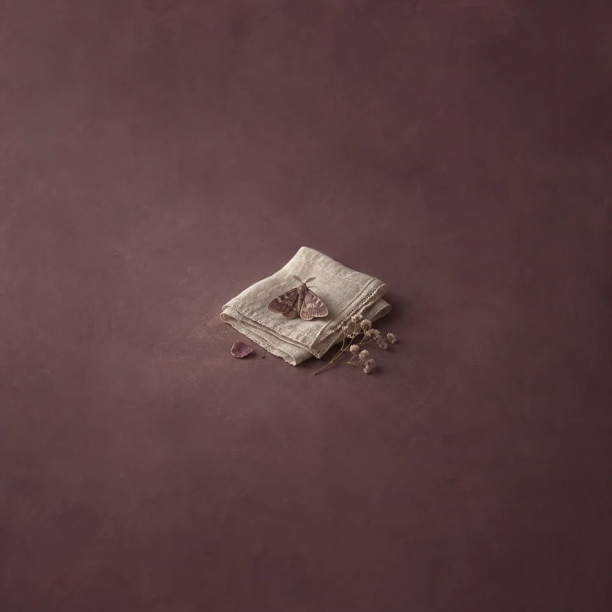 A small brown moth rests on folded ivory linen beside a dried sprig against a muted plum background.