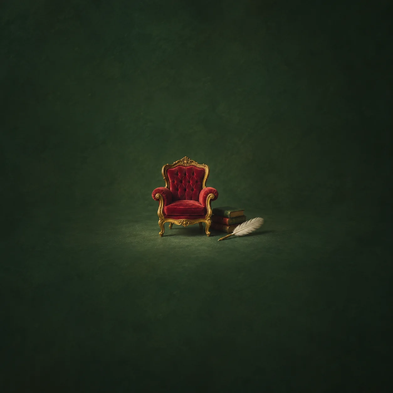 A tiny crimson armchair beside stacked books and a feather quill on a green background.