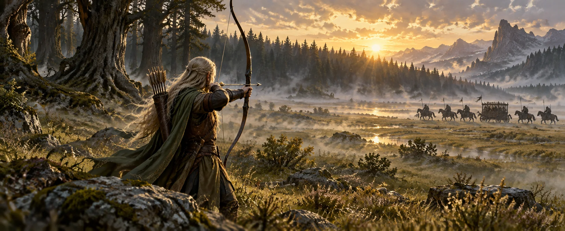 A fair-haired elf archer draws his bow at the misty edge of a forest at dawn, a band of riders crossing the plains in the distance.