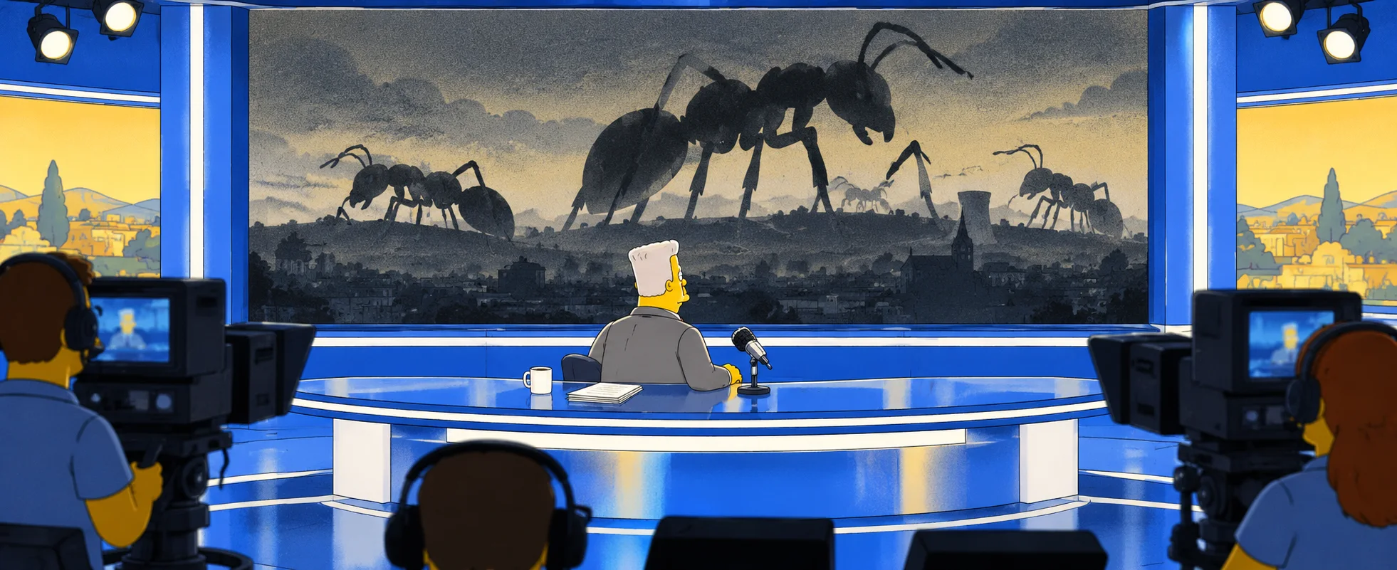 A news anchor with a tall swept-up hairdo sits at a curved studio desk as a giant screen behind him shows enormous ants looming over a hazy landscape.