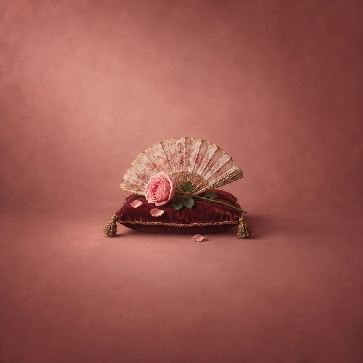 Painterly pink rose across an open decorative fan on a burgundy velvet cushion.