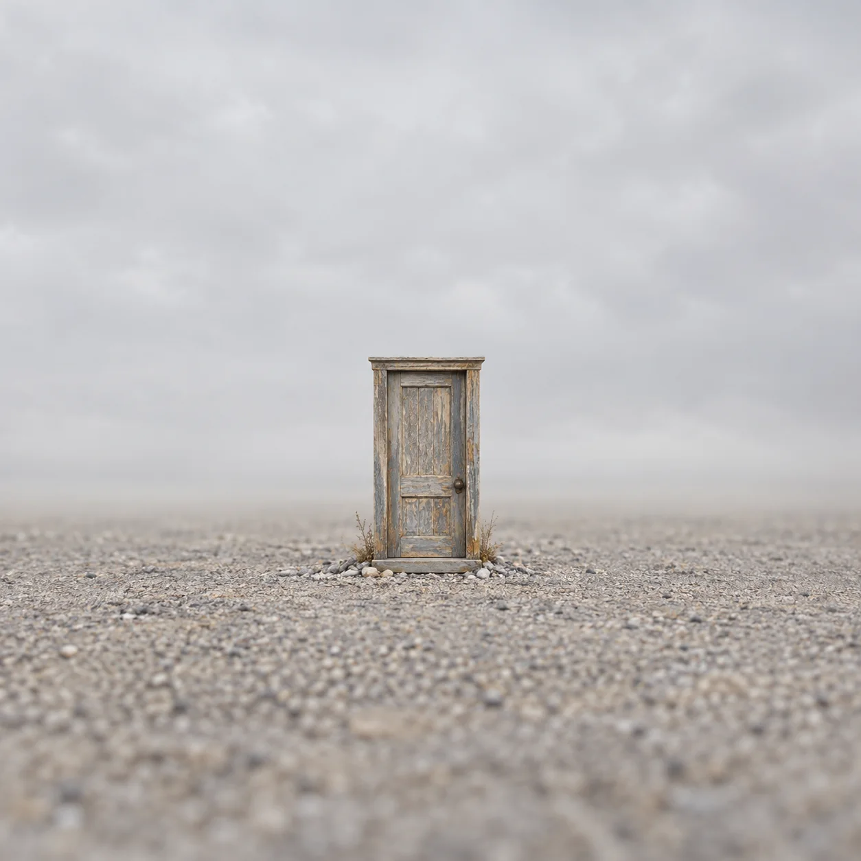 A small freestanding weathered wooden door stands on gravel beneath a grey sky.