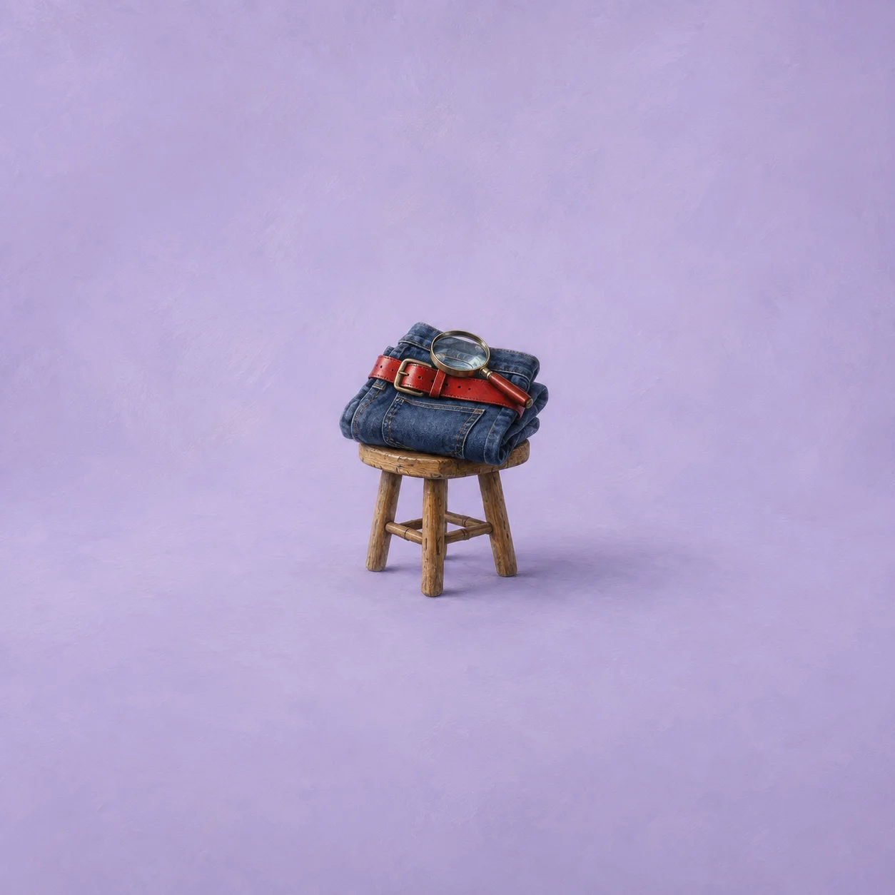 Folded denim trousers with a red belt and a magnifying glass rest on a small wooden stool.