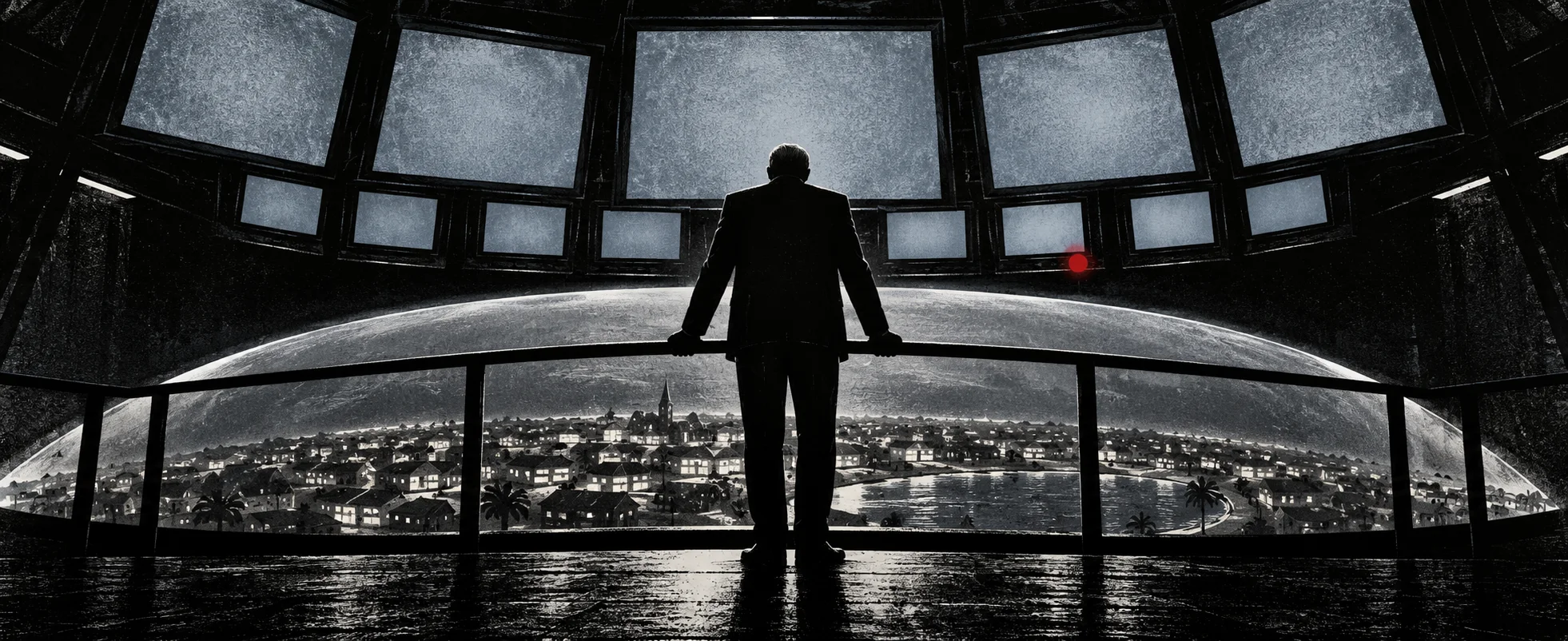 A dark figure leans on a rail in a control room high above a vast domed town, a wall of monitors glowing over him.