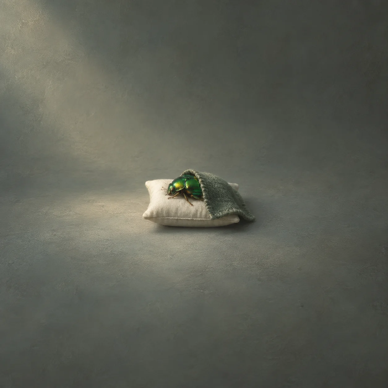 A green beetle resting on an ivory pillow under a small grey blanket.