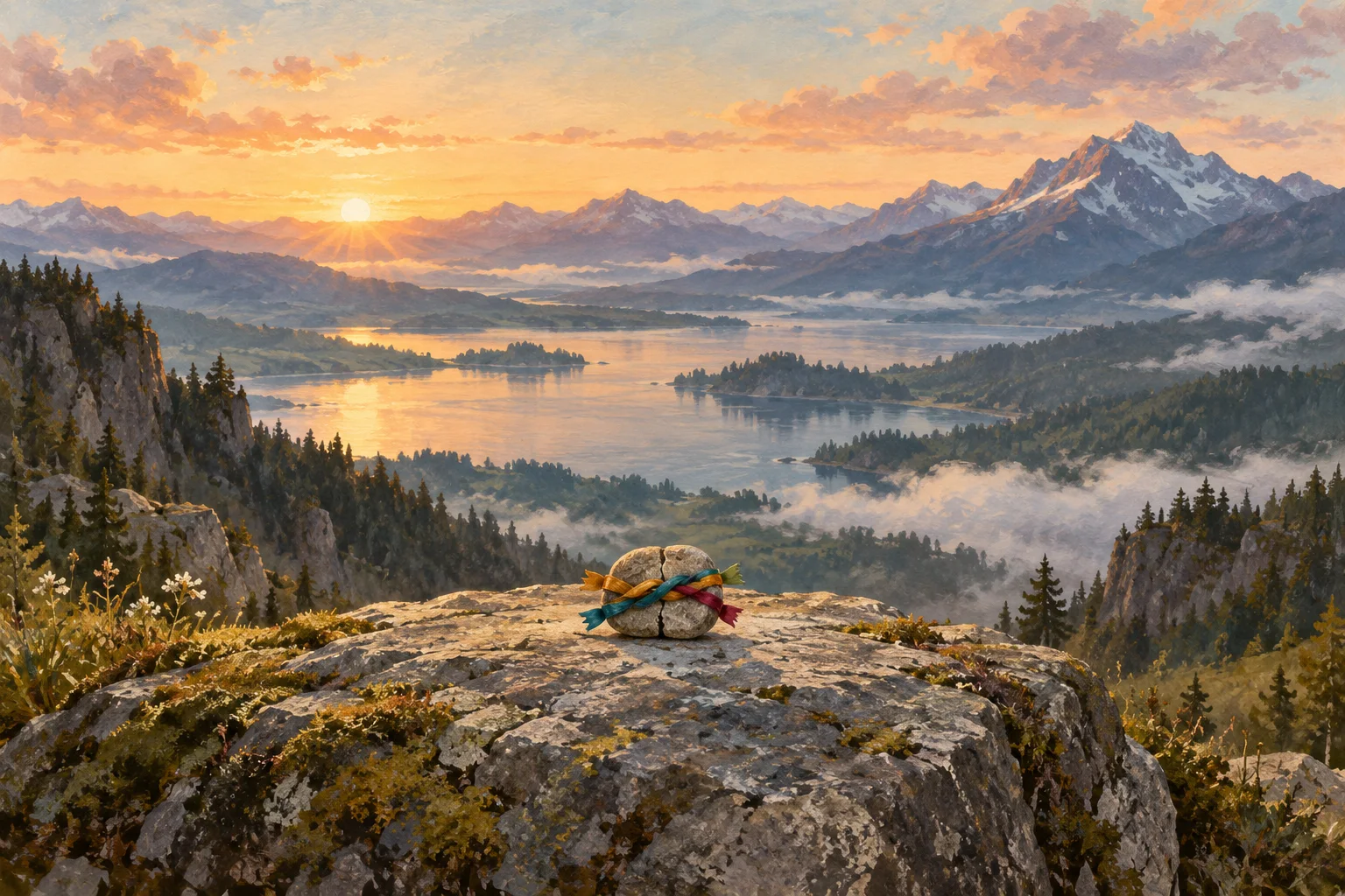 Three coloured ribbons form a braid across a crack in a weathered stone above distant mountains at dawn.