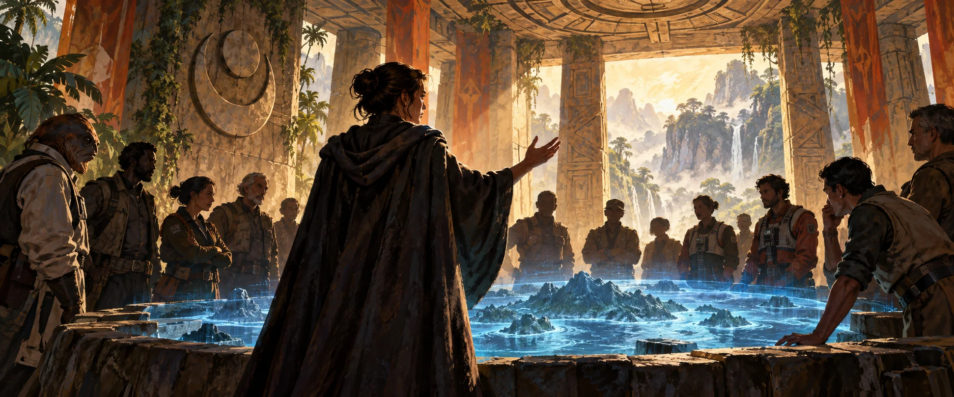 A young woman in a dark cloak addresses a council of rebel leaders in a carved stone hall lit by dusty shafts of light.