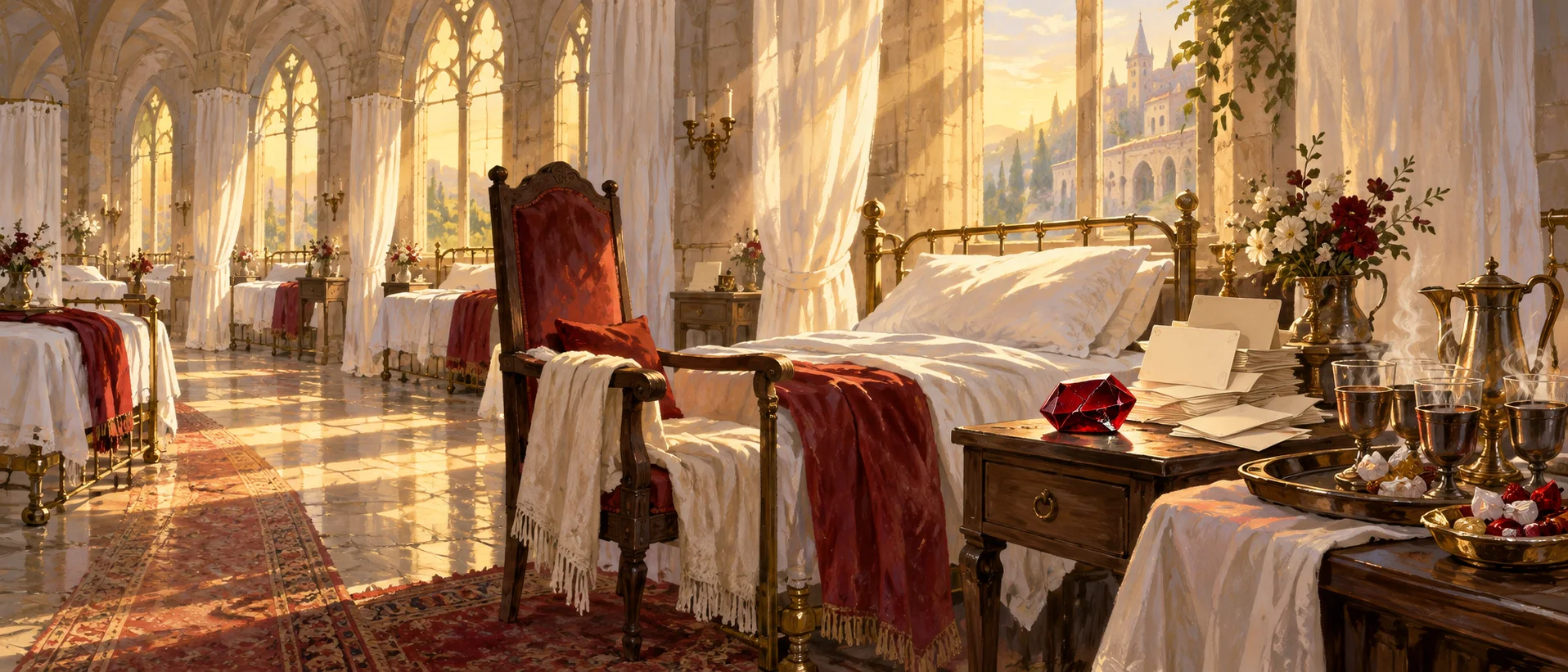 Morning sun floods a castle hospital ward, a high-backed chair drawn up to a bed and a cracked red gem on the bedside table.