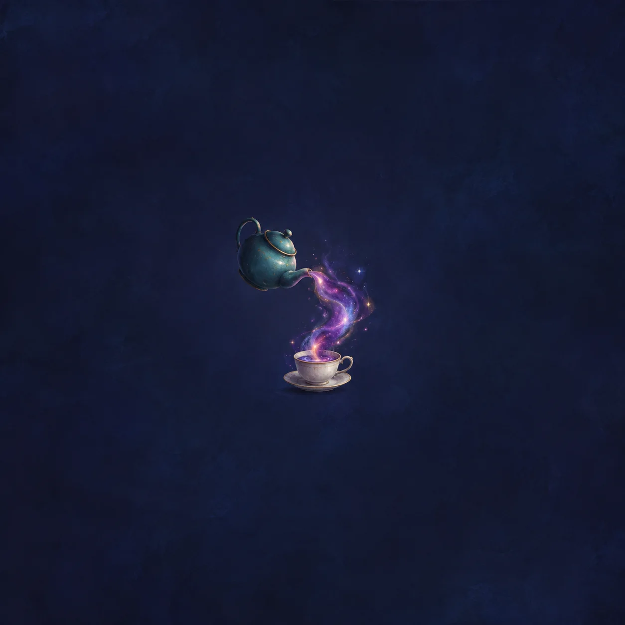 A teal teapot pours a swirling violet and magenta stream dotted with tiny stars into a white cup against a dark indigo background.