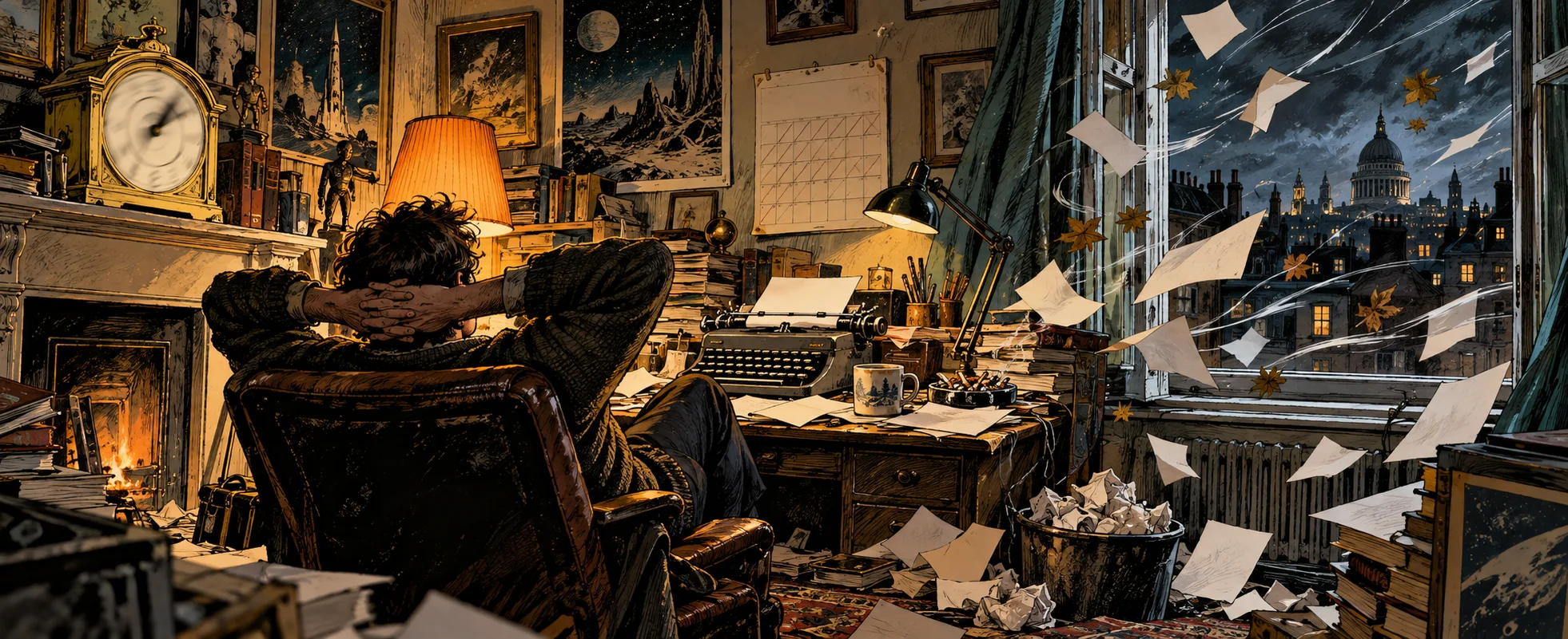 A writer leans back in his chair in a cluttered study while pages blow in through an open window past a typewriter and a mantel clock.