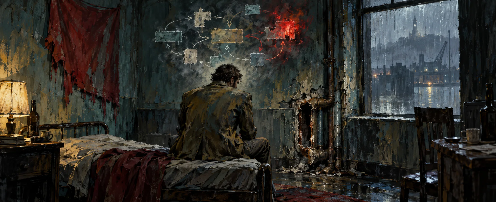 Expressionist painting: a dishevelled detective sits on a bed in a rainy, run-down hotel room, a red-lit web of notes on the wall.