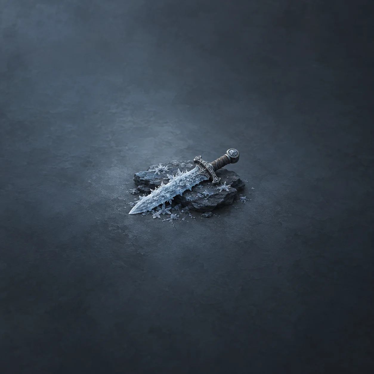Painterly frost-covered short sword resting diagonally on dark slate.