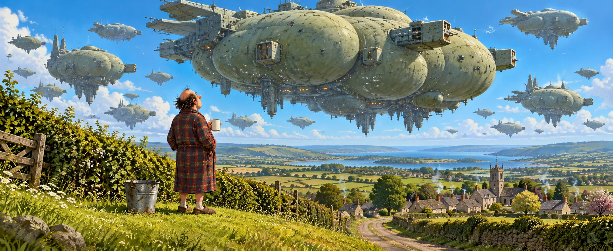 A man in a dressing gown stares up from an English hillside as huge, lumpy green spaceships hang motionless in the sky.