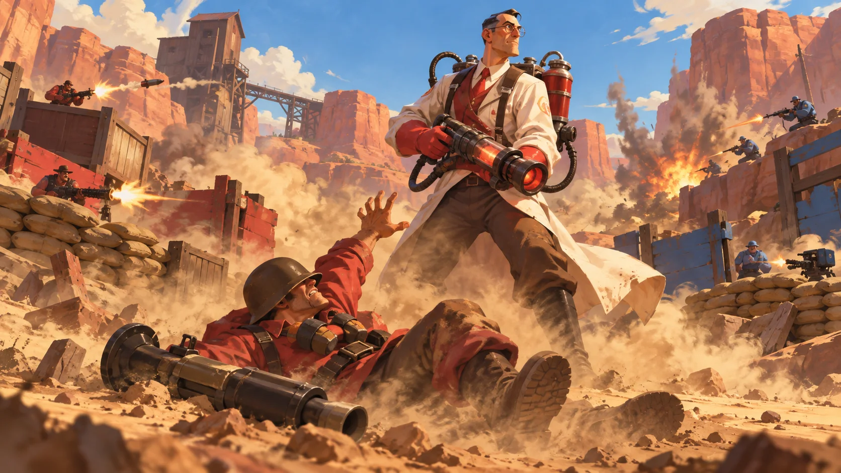 On a dusty desert battlefield, a soldier in a red uniform and helmet lies in the dirt reaching up as a tall medic in a white coat, round glasses and a tube backpack stands over him with a medical beam gun.