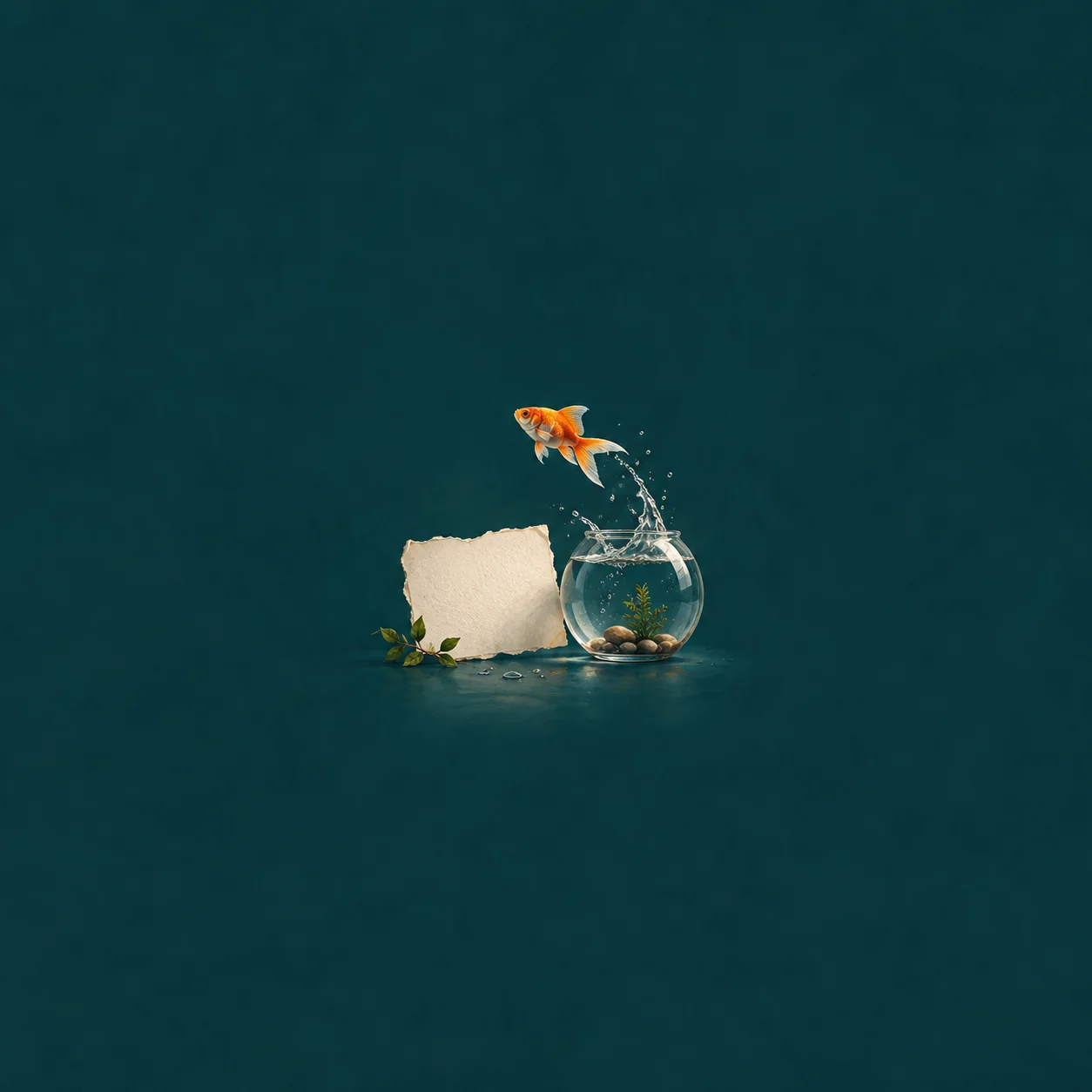 An orange goldfish leaping from a glass bowl beside a torn cream card against a deep teal background.
