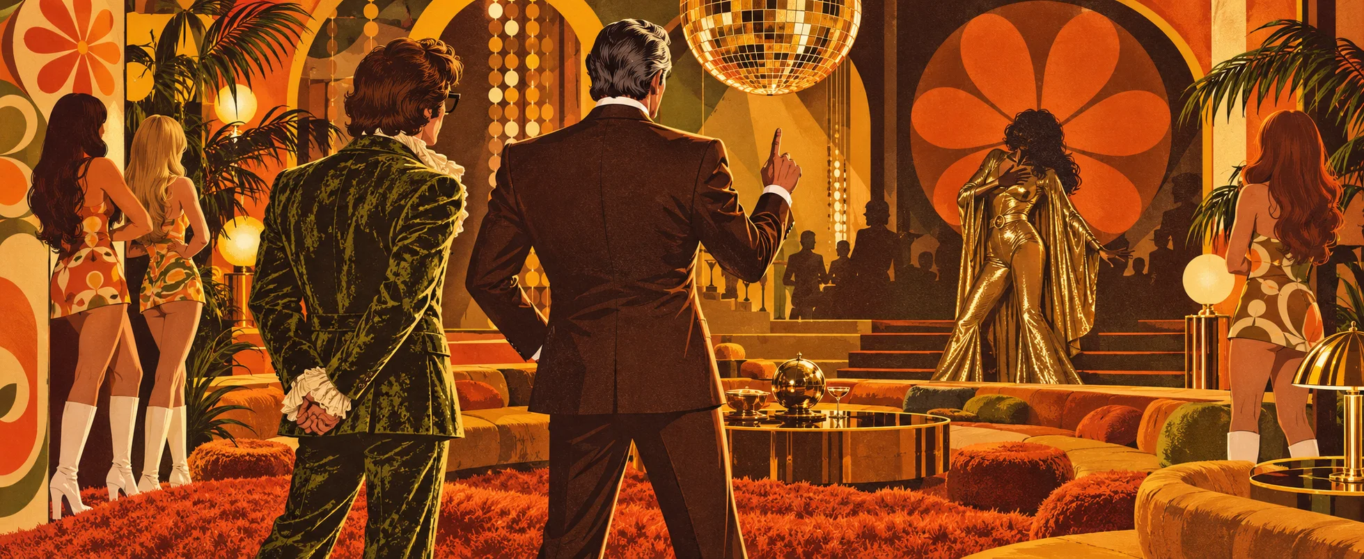 Goldmember's 1970s lounge: an older gentleman in a brown suit raises a finger in a pronouncement beside a younger man in a green velvet suit, while a gold-clad figure recoils across the shag-carpeted room.