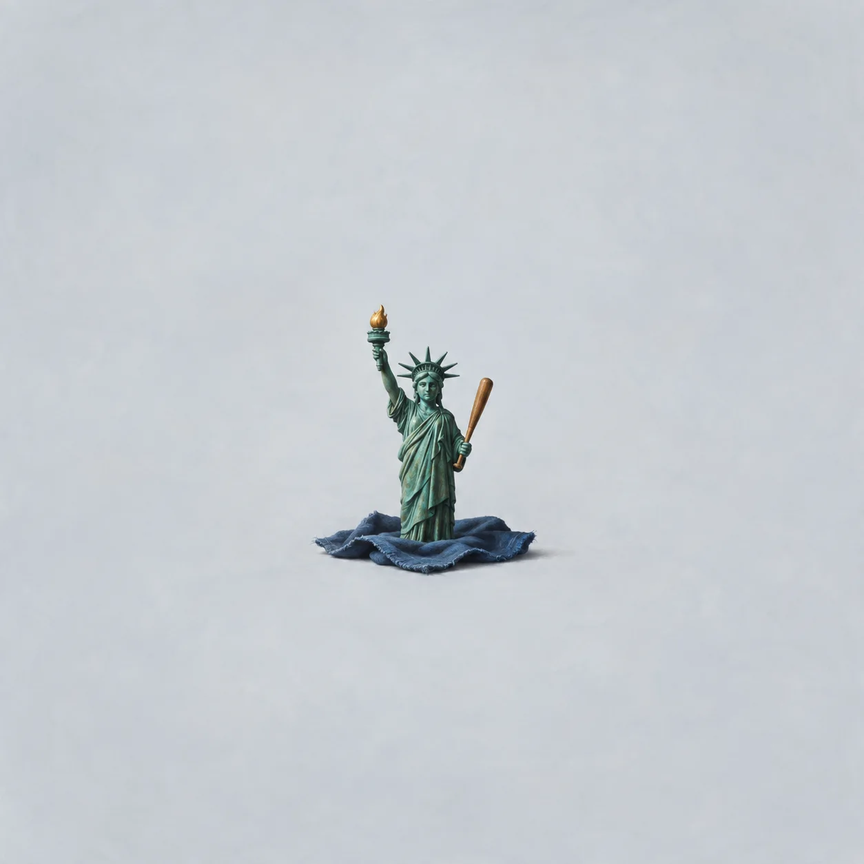 A small green Statue of Liberty figurine holds a torch and a wooden baseball bat while standing on blue cloth.