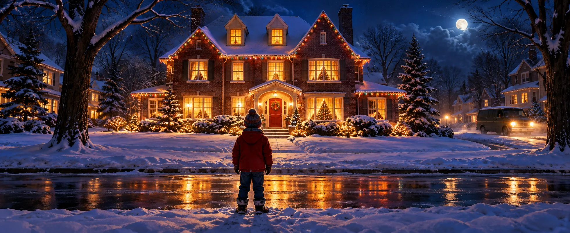 A small boy in a red coat stands in the snow facing his family's big lit-up house on a moonlit night.