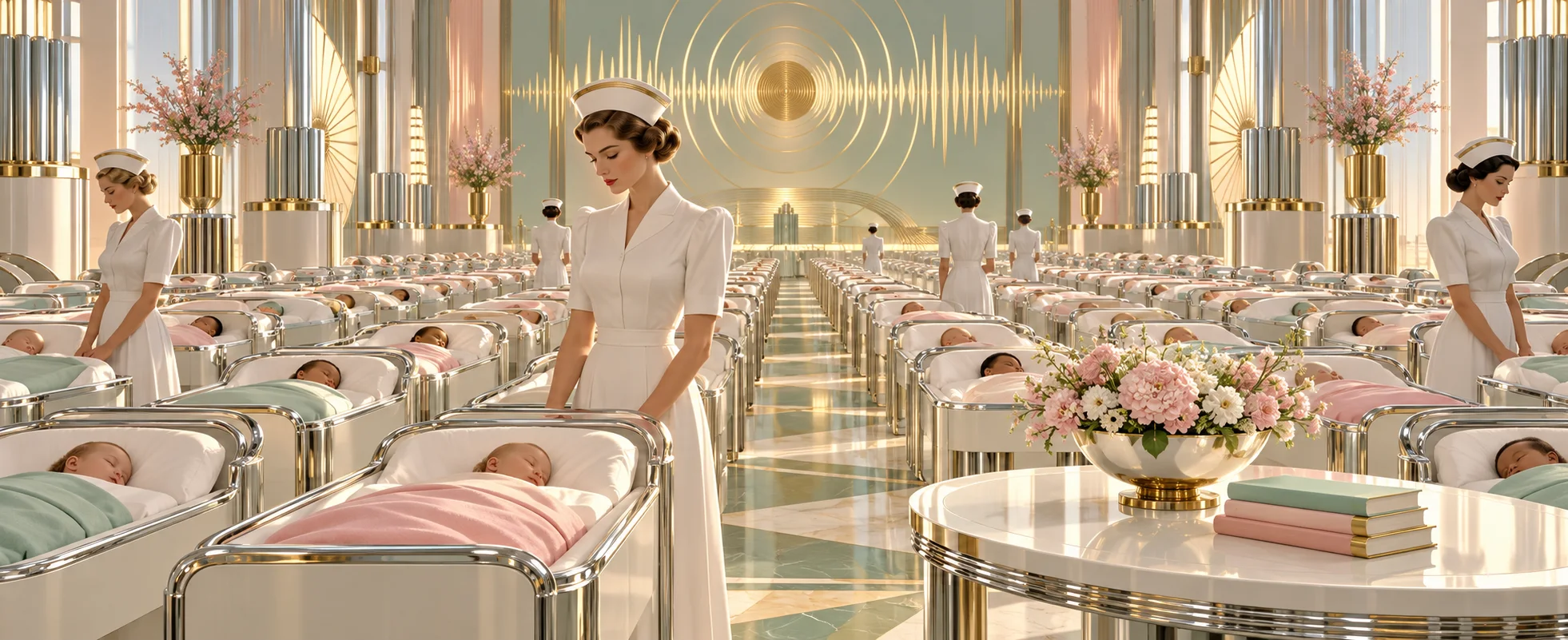 Nurses in white move between rows of babies in gleaming chrome cots in a bright art-deco nursery hall.