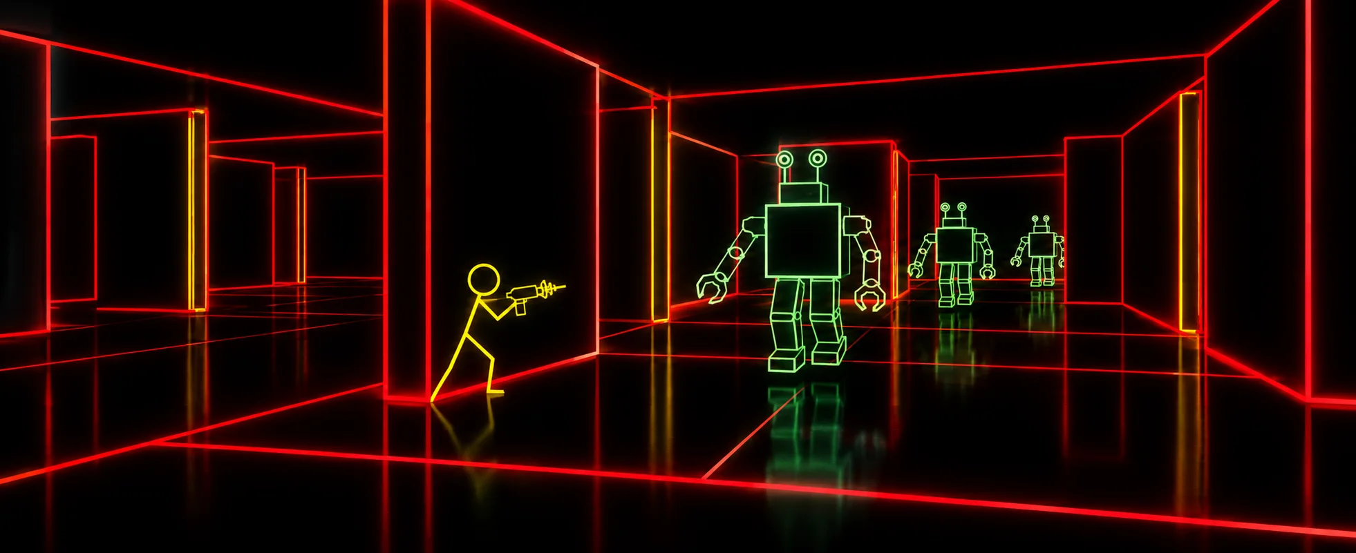 A stick-figure hero with a laser runs through a glowing red maze as green robots advance.